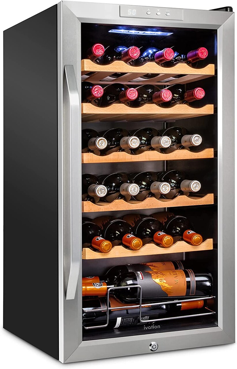 Ivation 24-Bottle Wine Cooler, Stainless Steel Freestanding Wine Fridge with Lock